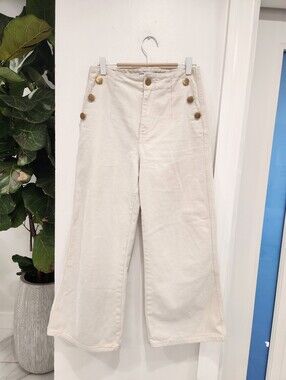 High-Waist Wide Leg Sailor Pants with Gold Buttons - Cream